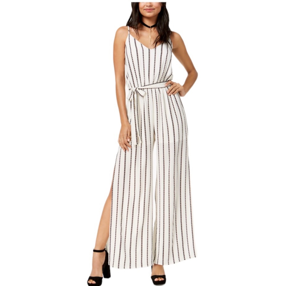 NWT One Clothing White Blue Printed Jumpsuit Spaghetti Strap Belted S Wide Leg